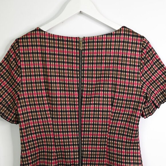 TOMMY HILFIGER Red Tan Olive Green Black Plaid Houndstooth Shift Dress - Size 4 - Picture 8 of 14